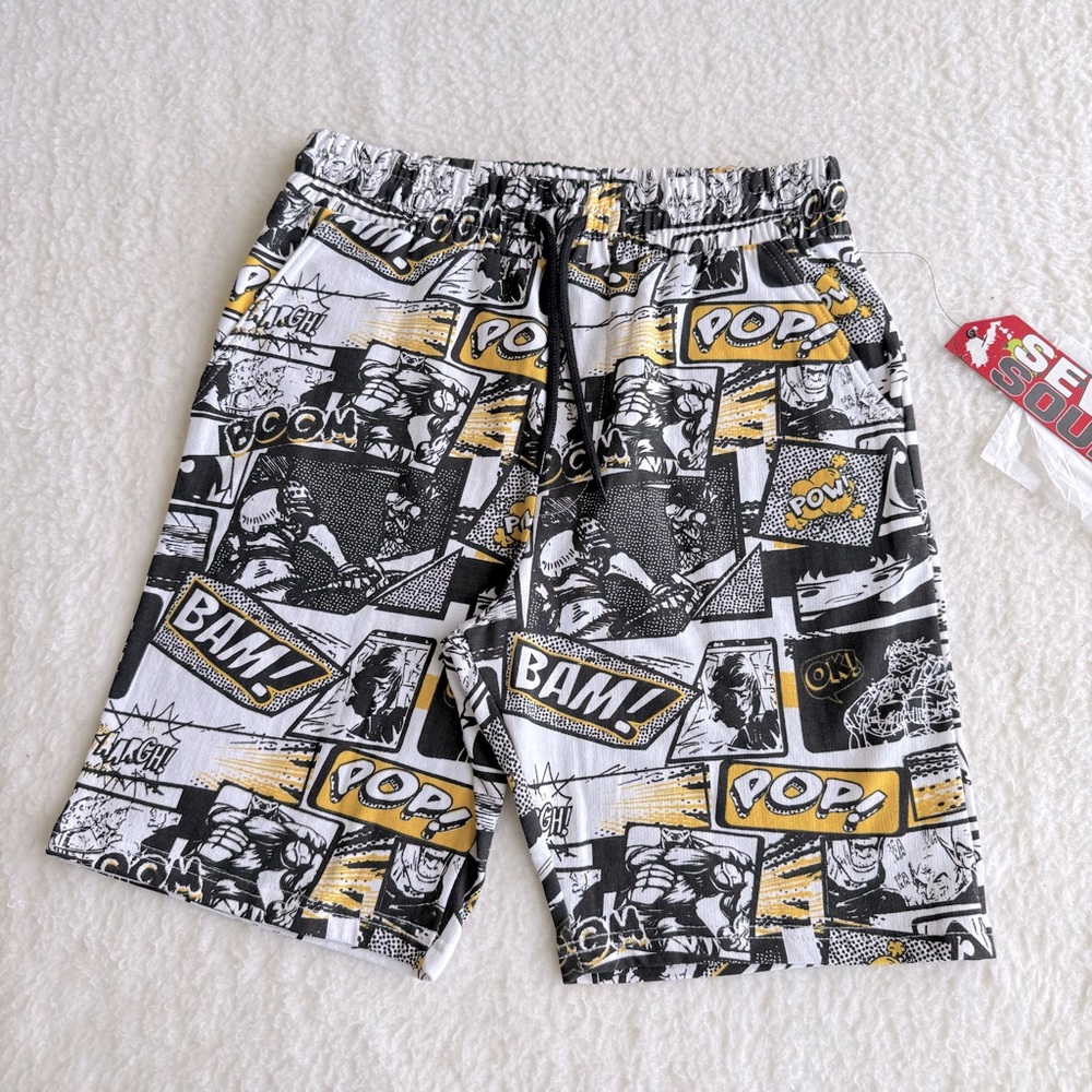 Seven Souls Men's Junior Black/White/Yellow Comic Print Elastic Waist Shorts, M